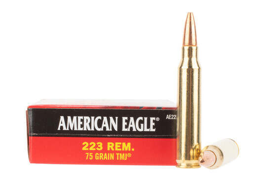 Federal American Eagle 223 ammo features a 75 grain fmj bullet